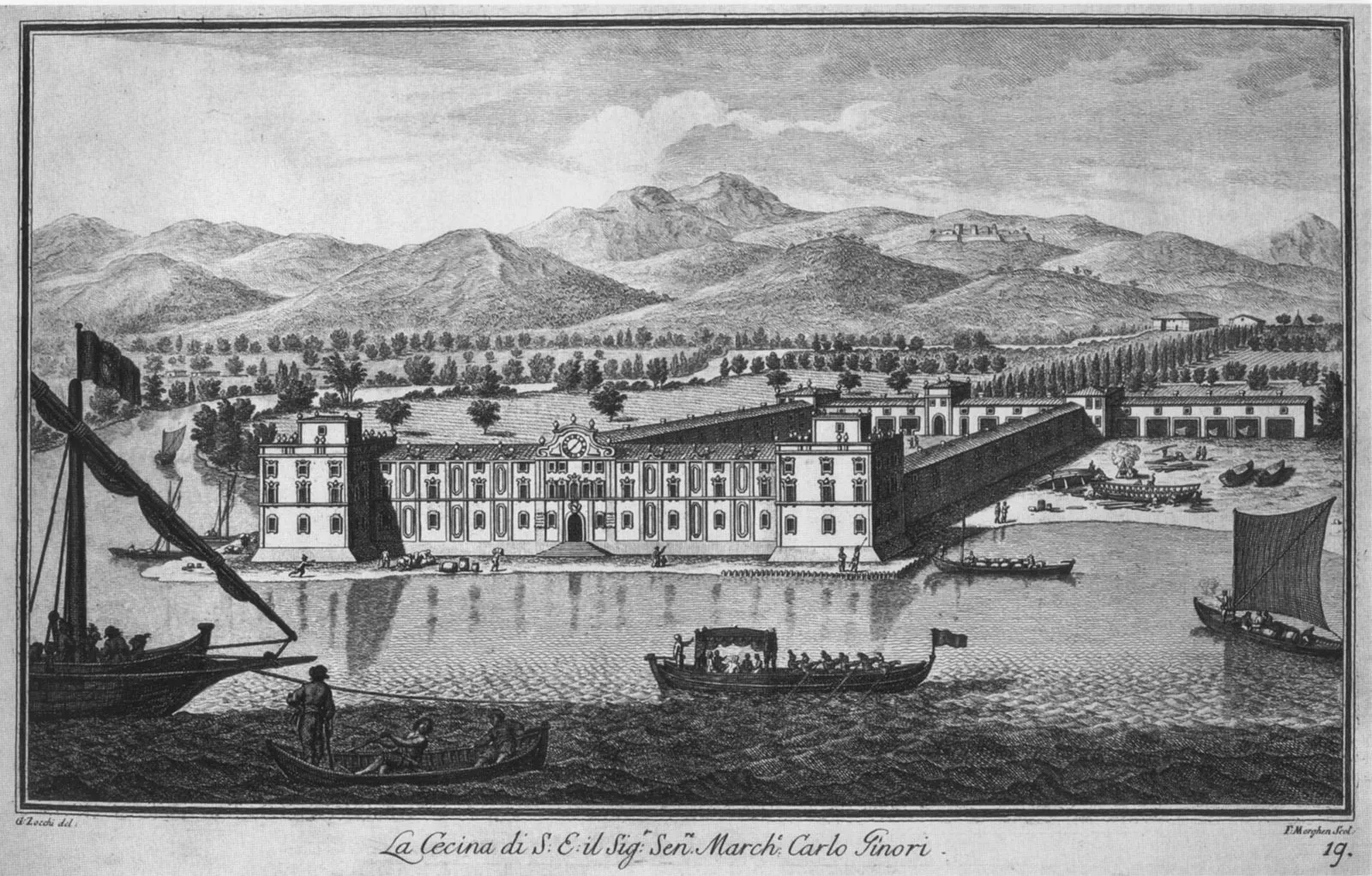 Incisione settecentesca della villa del marchese Carlo Ginori alla foce del Cecina, con barche sul fiume e le colline sullo sfondo